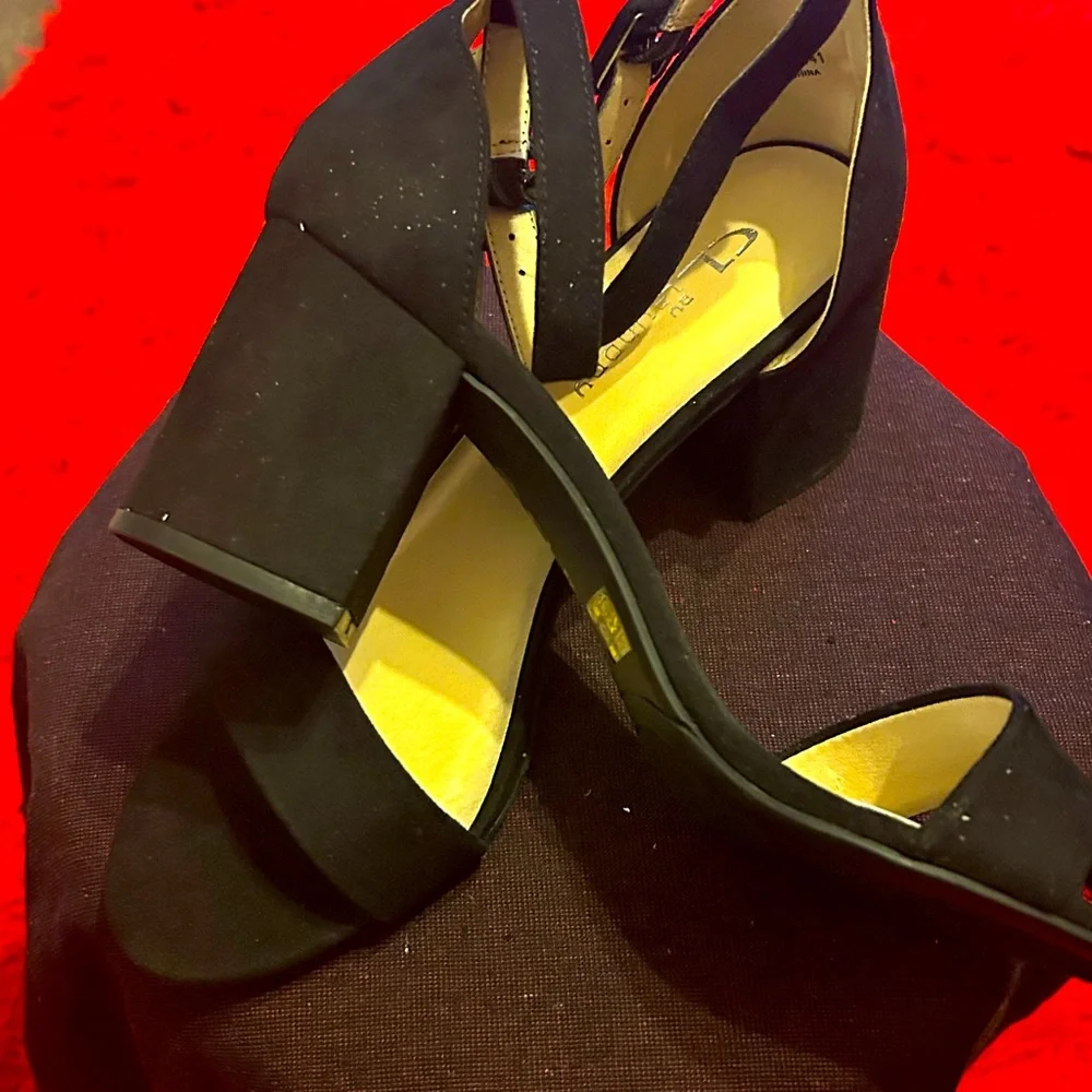 CL by Laundry Black Block Heel Ankle Strap Sandals